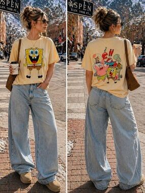 SPONGEBOB GRAPHIC TEE CREAM Y2K STREETWEAR OVERSIZED XL NICKELODEON FREEZE